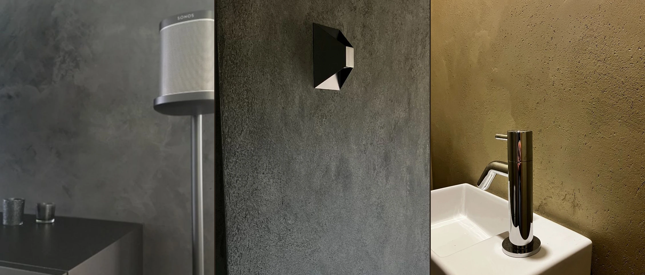 Grijze stucwand achter de televisie, naast een houten kastwand